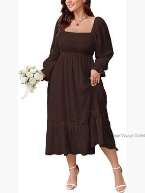 Plus Size Boho Maxi Dress Square Neck Smocked Long Sleeve Flowy Wedding Guest